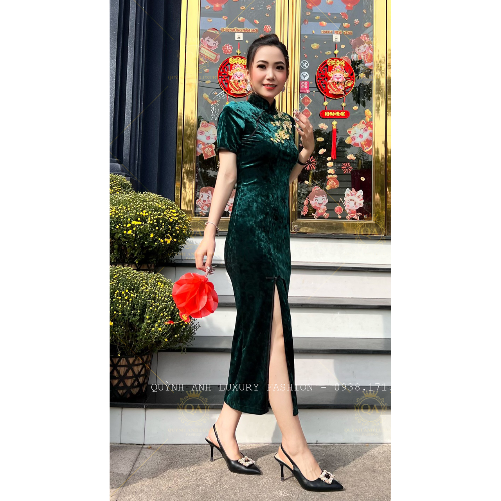 Đầm Sườn Xám Lụa Nhung Tuyết Xanh Rêu Trung Hoa Sang Trọng Nenito Dress