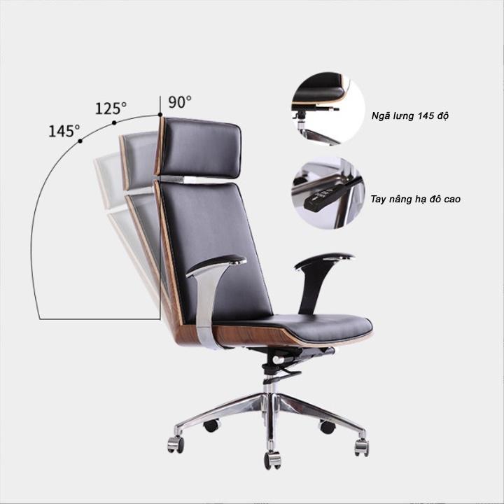 Ghế xoay văn phòng bọc da bò lưng ốp gỗ óc cho cao cấp, ghế giám đốc HP064 chân xoay ngã lưng sâu