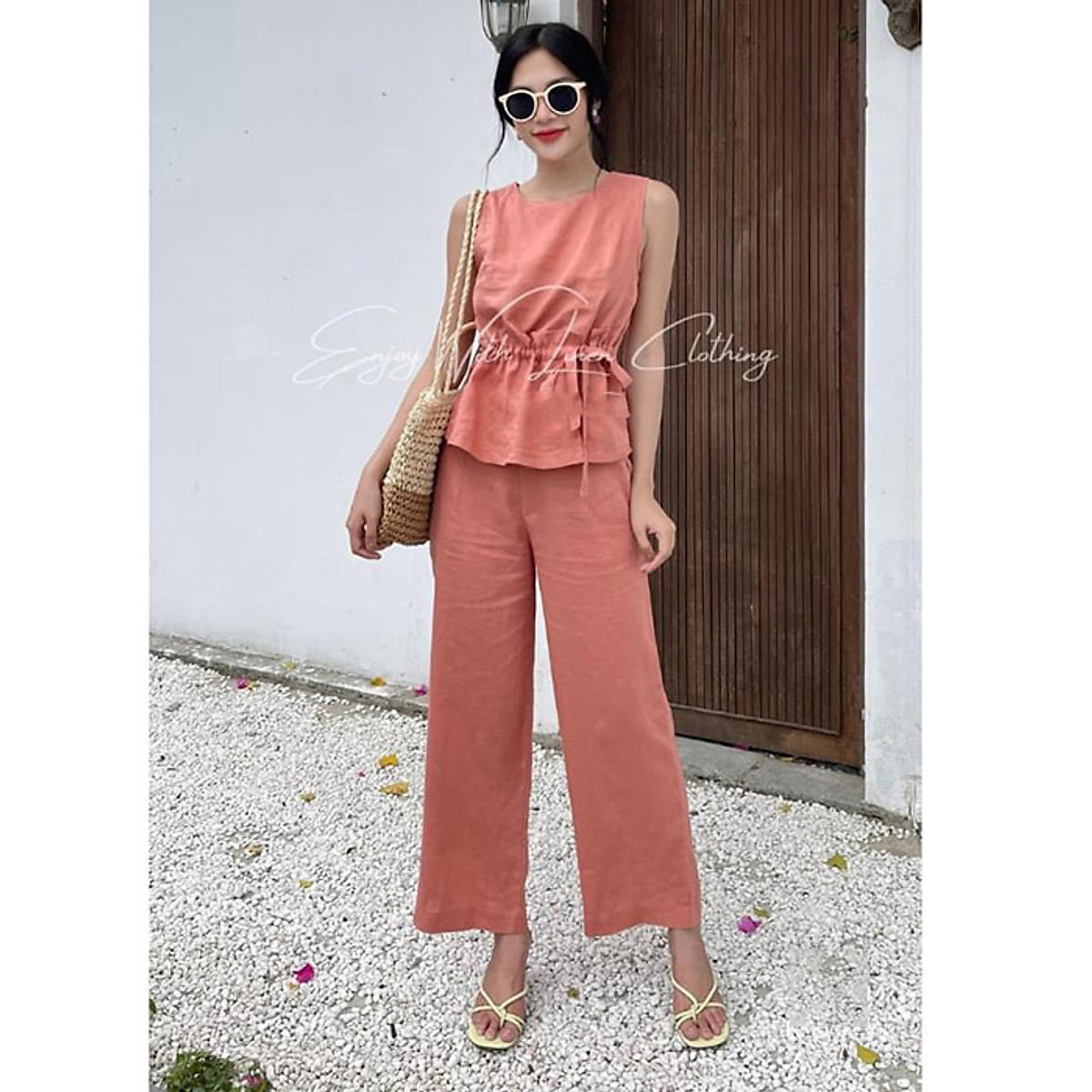 Set bộ linen quần đứng kèm áo ghile nhún bèo trẻ trung