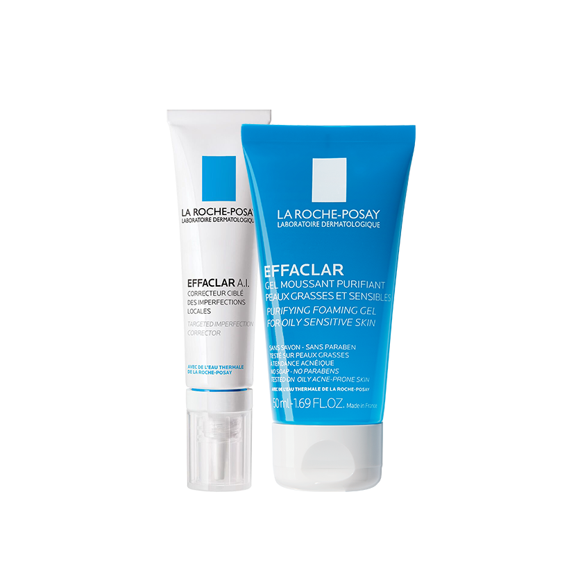 Bộ đôi kem giảm mụn chuyên biệt La Roche Posay Effaclar A.I 15ml và Gel rửa mặt dành cho da dầu mụn Effaclar Gel 50ml