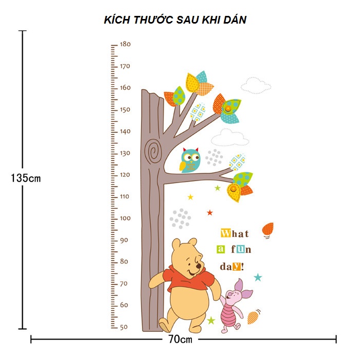 Decal tranh dán tường thước đo chiều cao Gấu Pooh vui vẻ AmyShop DTD009