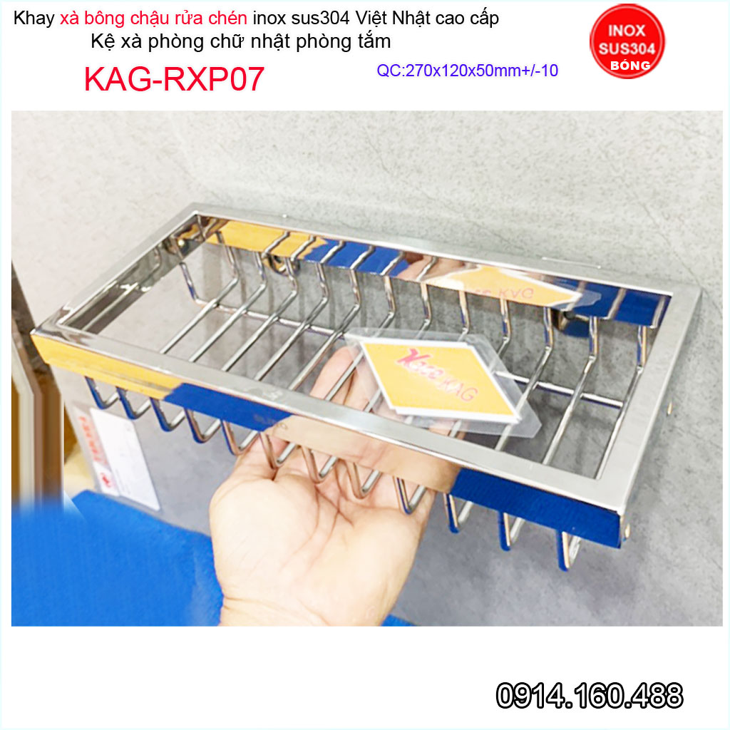 Kệ xà phòng chậu rửa chén Inox Nhật KAG-RXP07, Khay đựng xà phòng chữ nhật 27x12cm SUS304 hộp dập khuôn cao cấp sang trọng