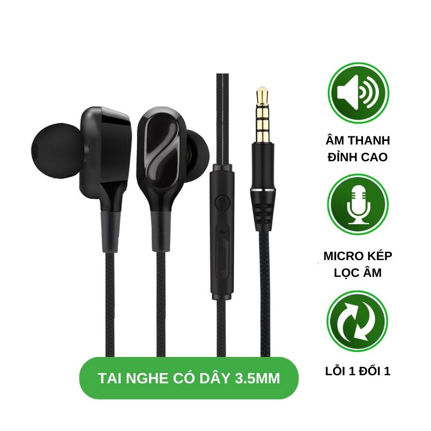 Tai nghe nhét tai có dây siêu bass chuyên nghe nhạc EDM chơi game âm thanh hd tích hợp micro chống ồn jack 3.5mm thiết kế công thái học