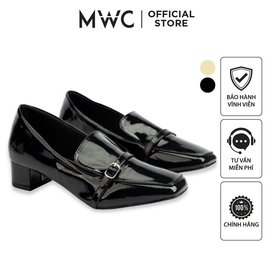 Giày MWC 4336 - Giày Cao Gót Công Sở Thanh Lịch, Giày Tây Nữ Phối Khóa, Giày Lười Da Bóng, Giày Búp Bê Cao Gót P