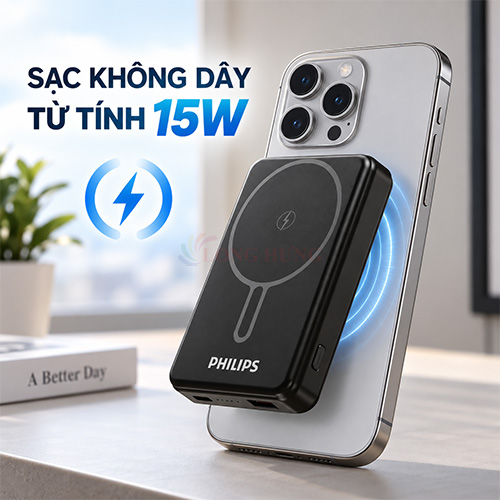 Sạc dự phòng từ tính Philips Power Bank Wireless 15W 10000mAh DLP6759CB/70 - Hàng chính hãng