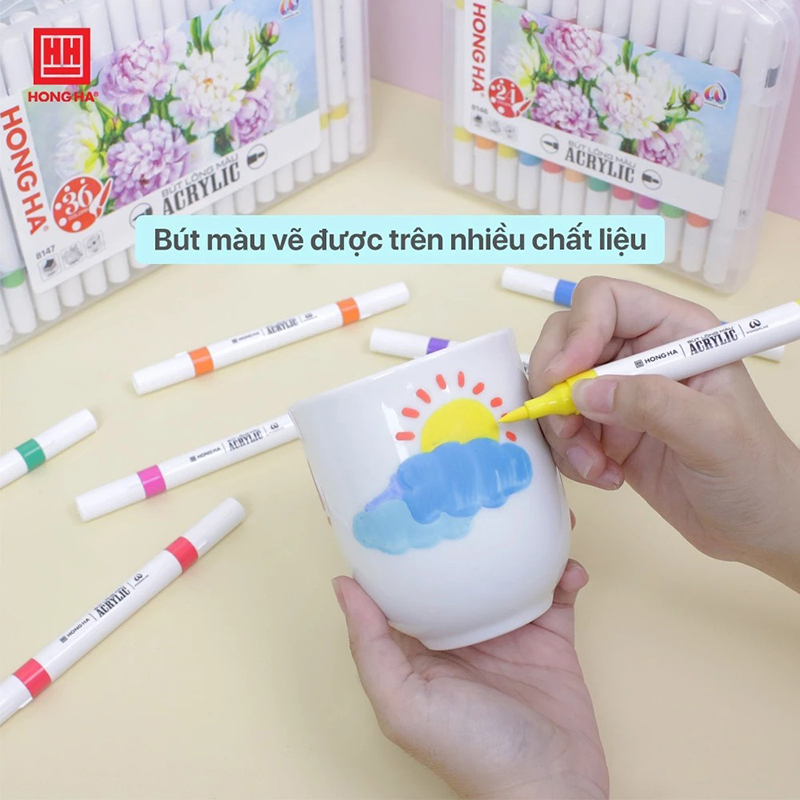 Bút lông màu Acrylic 2 đầu Hồng Hà tô trên mọi chất liệu (12/24/36 màu) - 8145 / 8146 / 8147