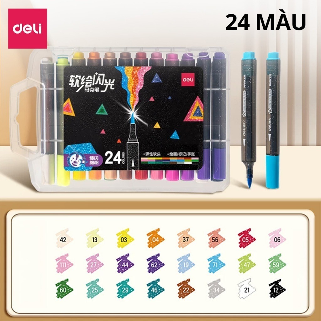 [SALE 39K] Bút Marker Nhũ Kim Tuyến 1 Đầu 12/24/36/48 Màu Deli Mềm Ngòi Nhũ Sáng Màu Vẽ Anime, Bullet Journal
