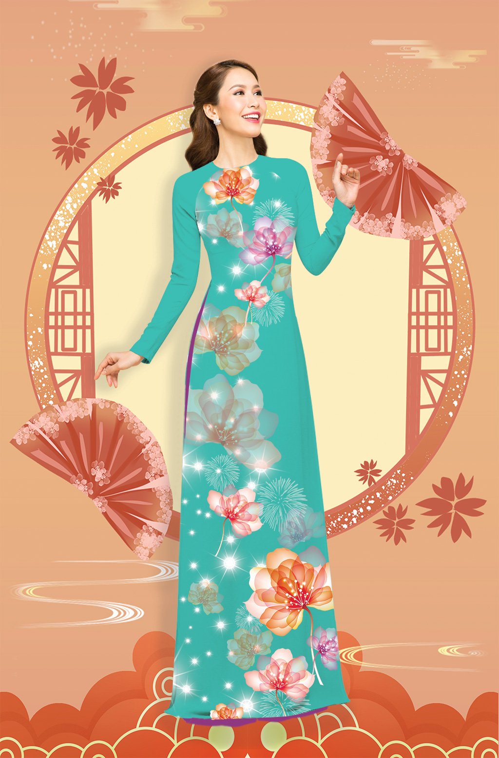 ÁO DÀI TRUYỀN THỐNG IN ANH ĐÀO CAO CẤP- KHÔNG KÈM QUẦN