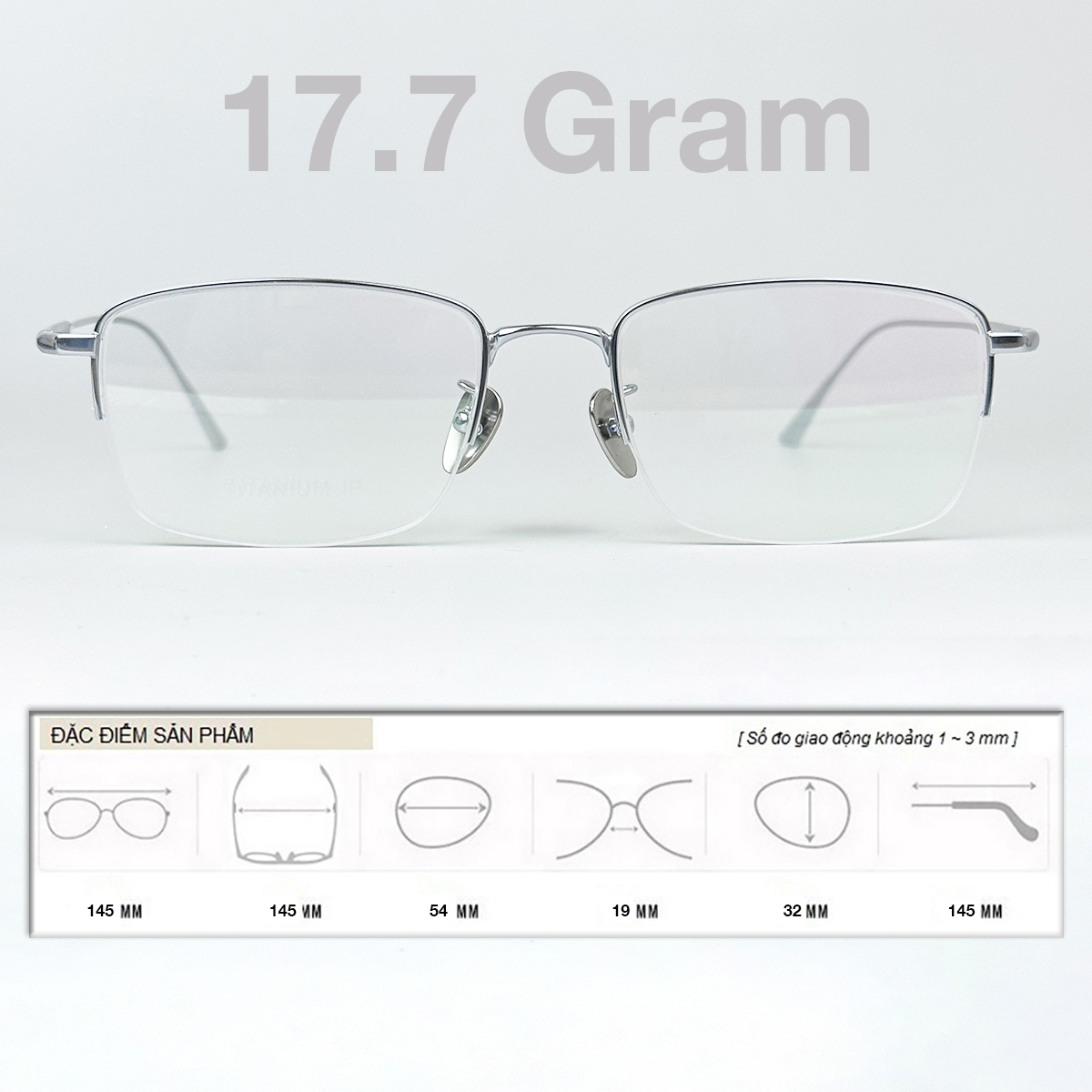 Gọng Kính Cận, Kính Giả Cận Nam Nữ BLUE LIGHT TITANIUM Cao Cấp Siêu Nhẹ, Mắt Vuông Nửa Gọng, Màu Bạc, Đen