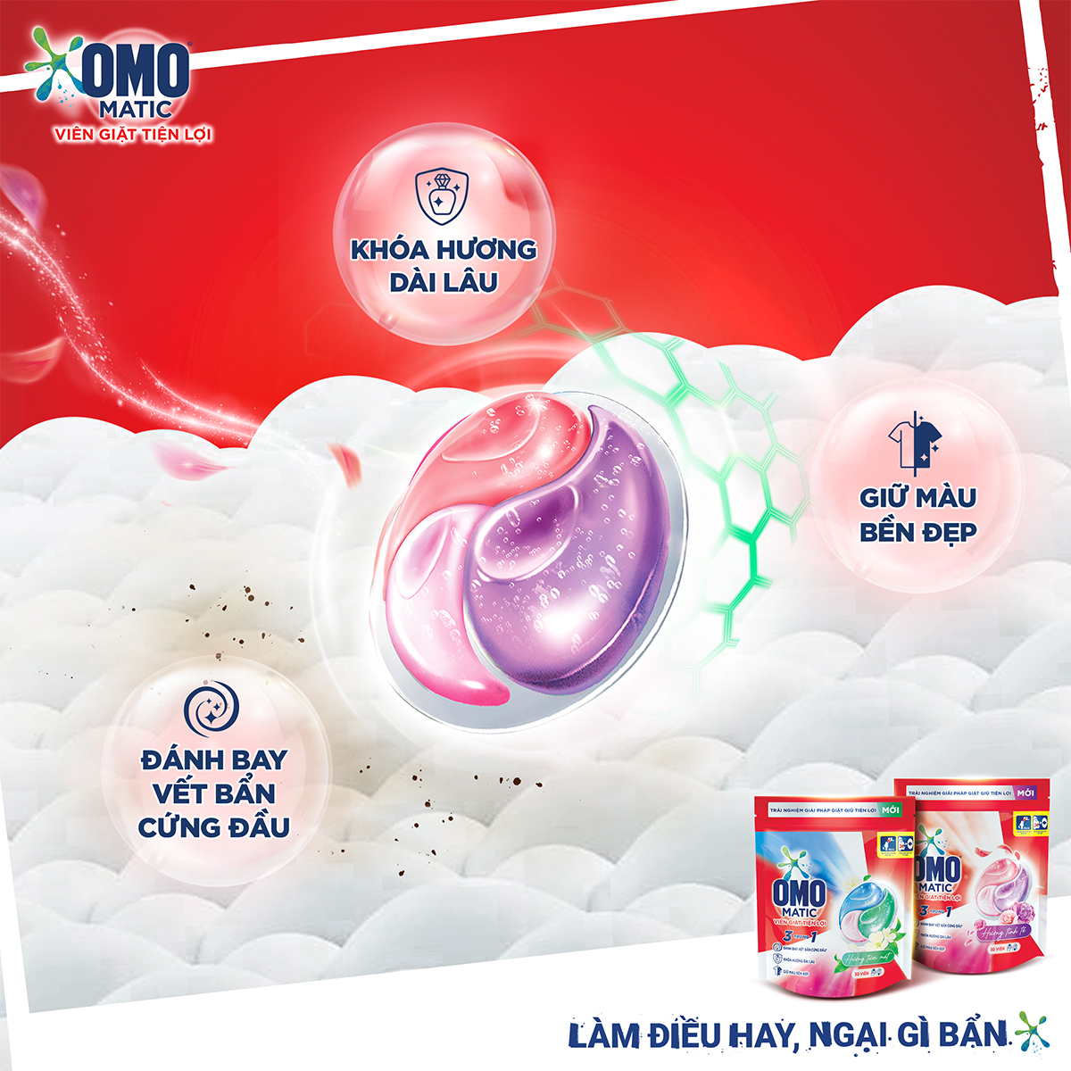 Combo 3 túi viên giặt tiện lợi OMO 3 trong 1 Hương tươi mát (30 viên/túi)