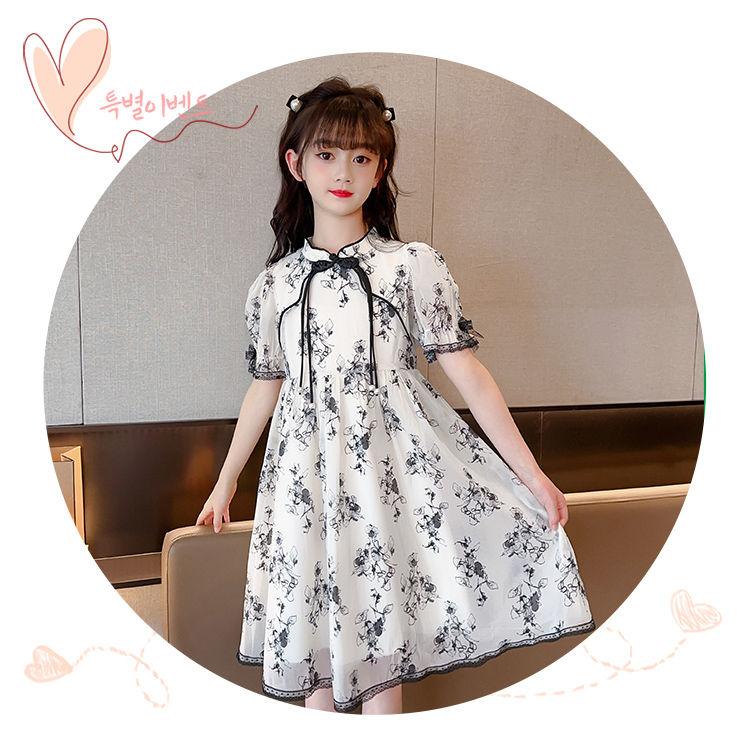 DONGSHOP HOT Cô gái mảnh hoa sườn xám đầm mùa hè 2023 trẻ em tây mùa hè đầm cô gái tay áo ngắn chiffon váy công chúa