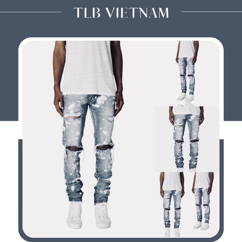 Quần Jean Nam The Luyn Black Màu Xanh Indigo Rách Gối Phối Đốm Trắng Phong Cách Streetwear Bụi Bặm