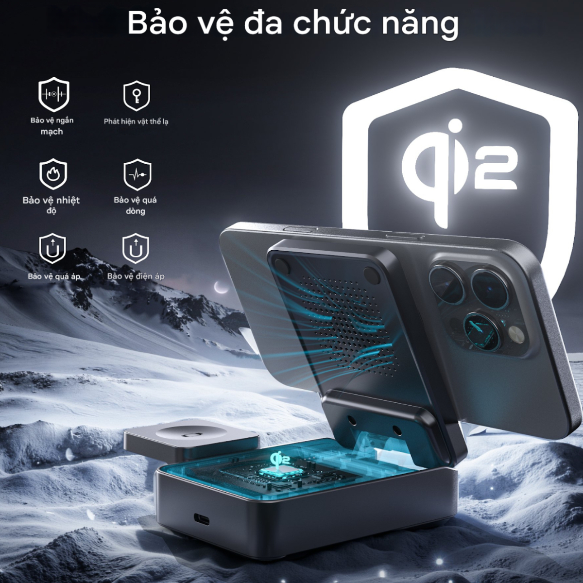 Đế sạc nhanh không dây 3 in 1 gấp gọn 15W Choetech T637 chuẩn Qi2 dùng cho điện thoại, tai nghe và đồng hồ thông minh - Hàng chính hãng)