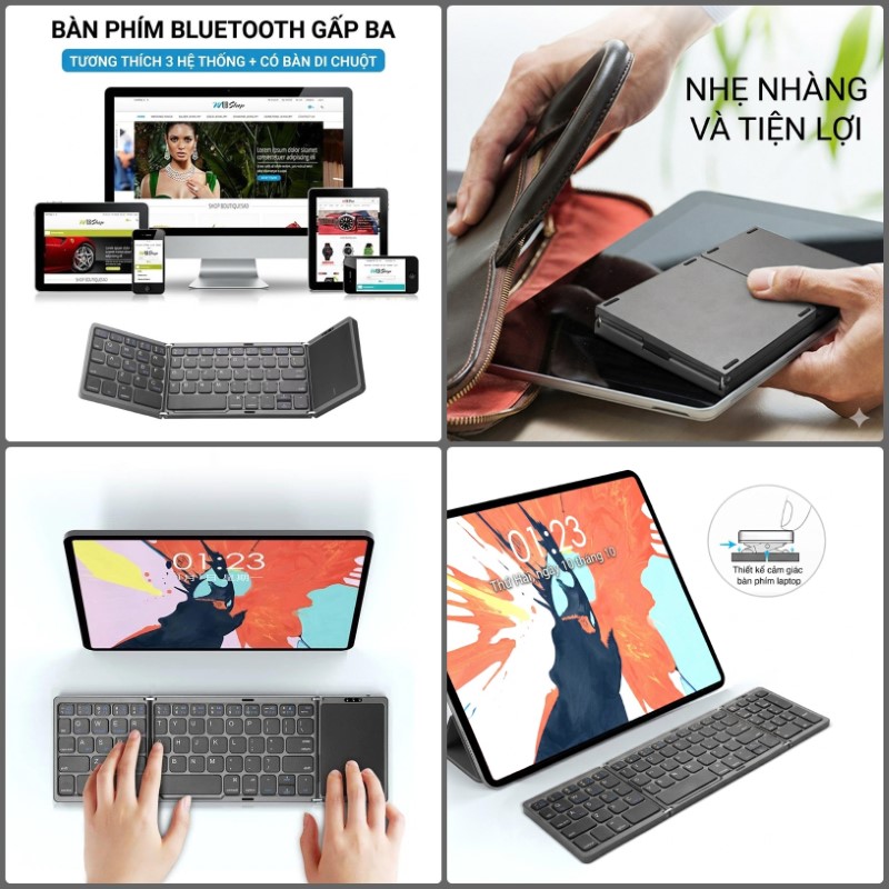 Bàn phím Gấp gọn mini không dây Bluetooth B89T có chuột touchpad - pin sạc TypeC cho PC Laptop điện thoại máy tính bảng- HÀNG NHẬP KHẨU