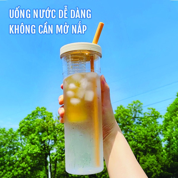 [Tặng Kèm Sticker] Bình Nước Detox Có Khay Lọc Trà, Chất Liệu Nhựa Trong Suốt - Bình Nước Có Ống Hút Dung Tích 700ml