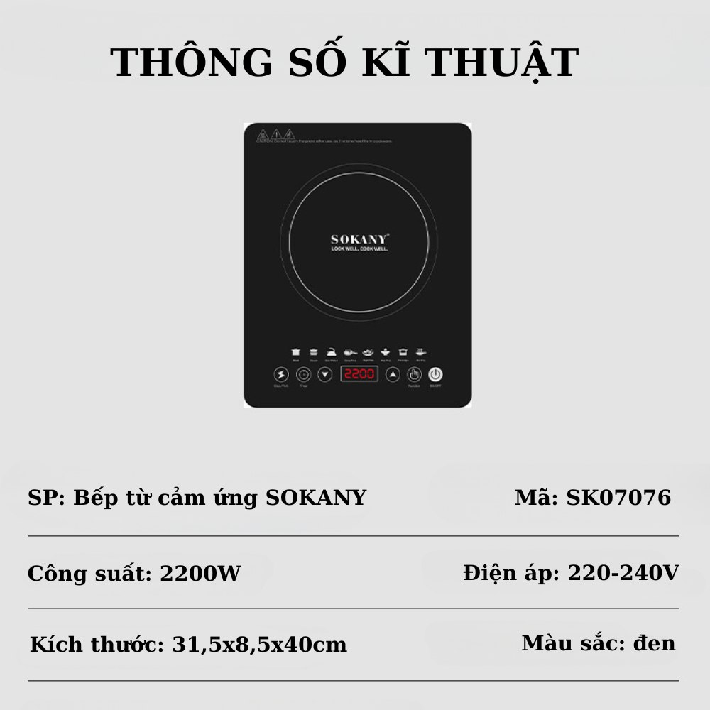 Bếp từ cảm ứng cao cấp SOKANY SK-07076, công suất 2200W, mặt kính chịu lực sử dụng cho mọi loại nồi - HÀNG CHÍNH HÃNG