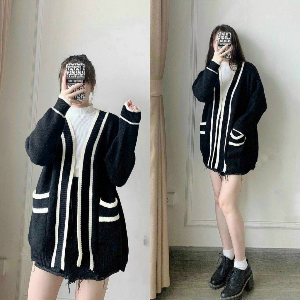 Áo khoác cardigan len viền sọc có túi thơi trang