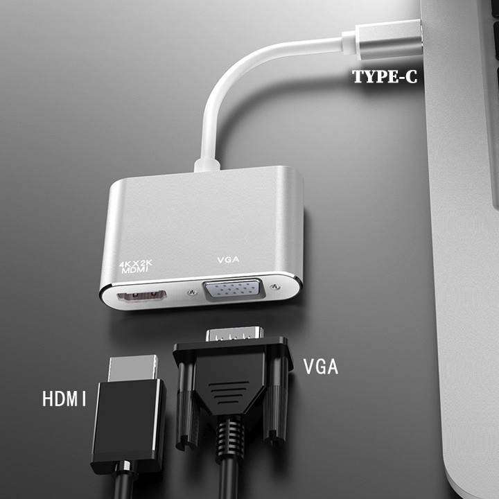 Cáp chuyển USB-C ra HDMI 4K + VGA 1080p + USB3.0 + USB-C(PD), vỏ nhôm cao cấp - PK59 PK60