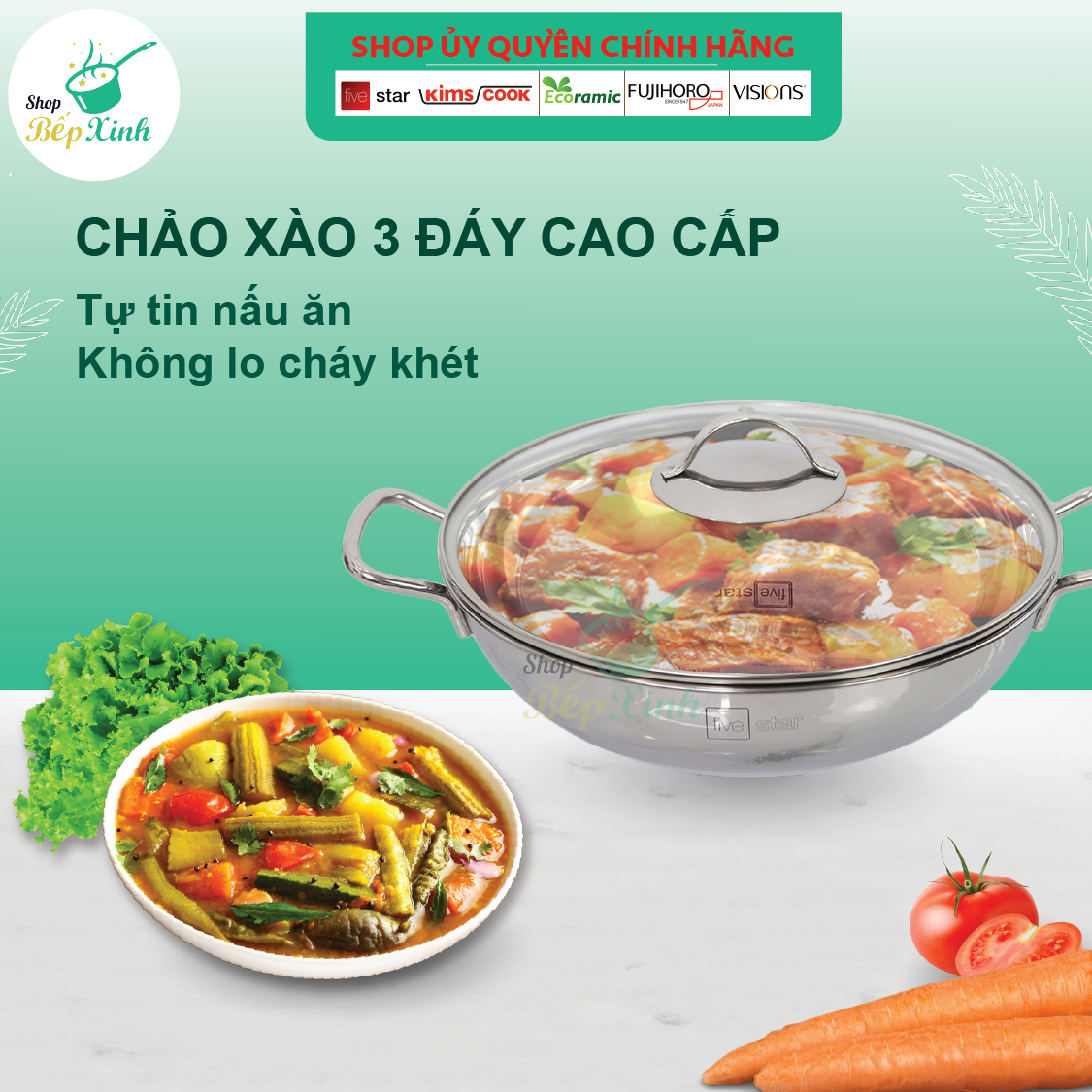 Chảo lẩu inox sâu lòng inox Fivestar nắp kính , 3 đáy dùng được bếp từ, hồng ngoại , gas
