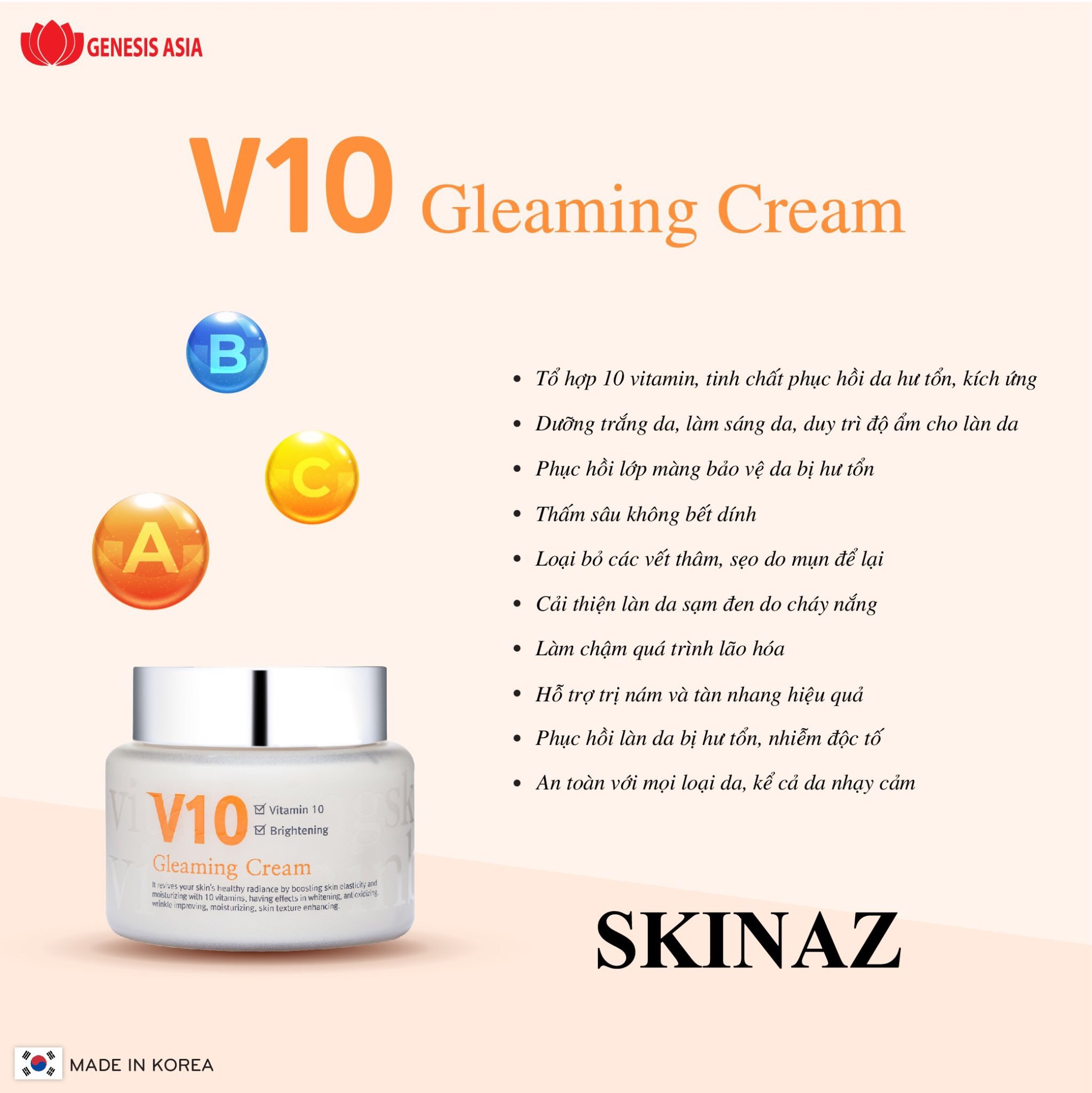 Kem Dưỡng Trắng Da V10 Skinaz Hàn Quốc