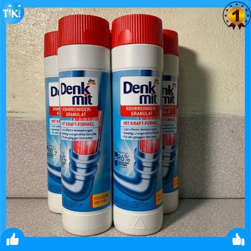 Bột thông cống Denkmit Rohrreiniger Granulat, 600 g loại bỏ tác nhân cứng đầu gây tắc nghẽn ống bởi tóc, dầu mỡ hoặc xà phòng gồm hai màu trắng và đen.