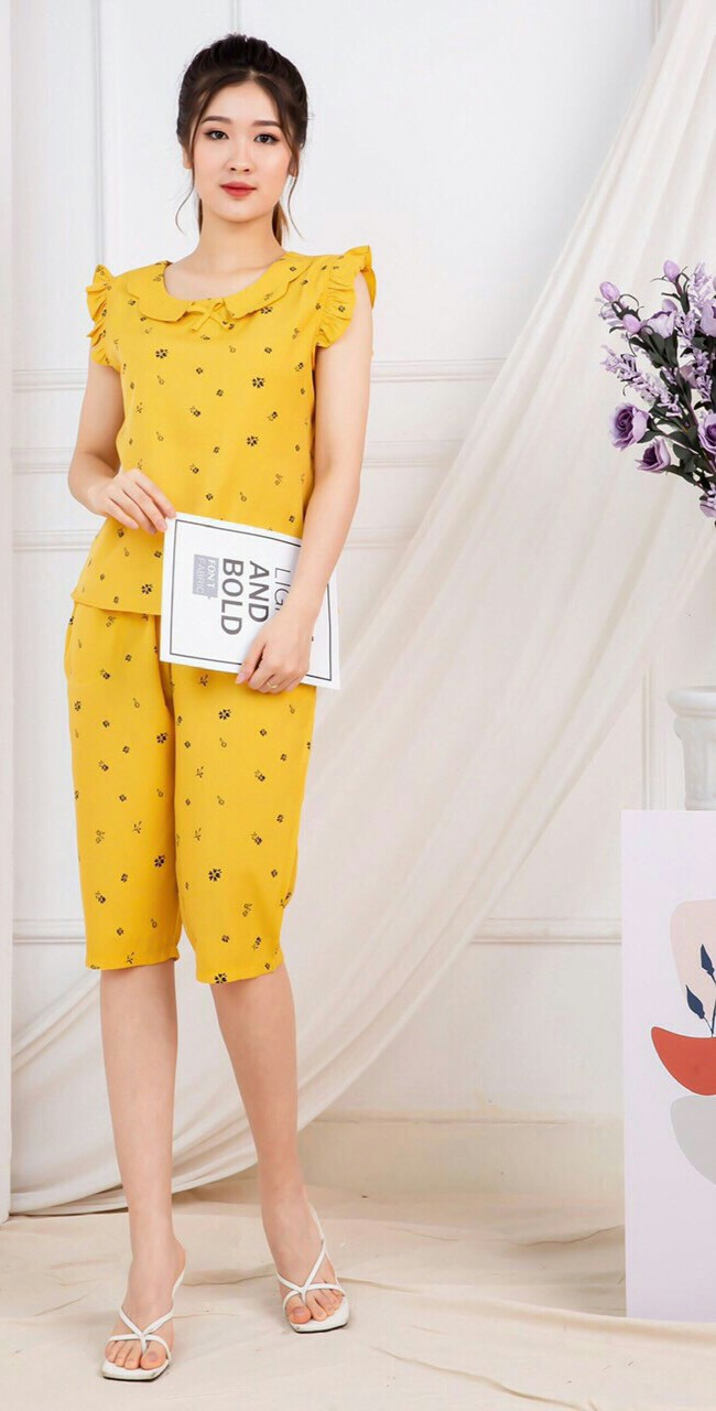 Đồ bộ nữ cộc tay - Đồ bộ mặc nhà - Đồ ngủ mặc nhà nữ - Đồ bộ nữ lửng - áo cánh tiên phối quần lửng in hoạ tiết - giao mầu ngẫu nhiên