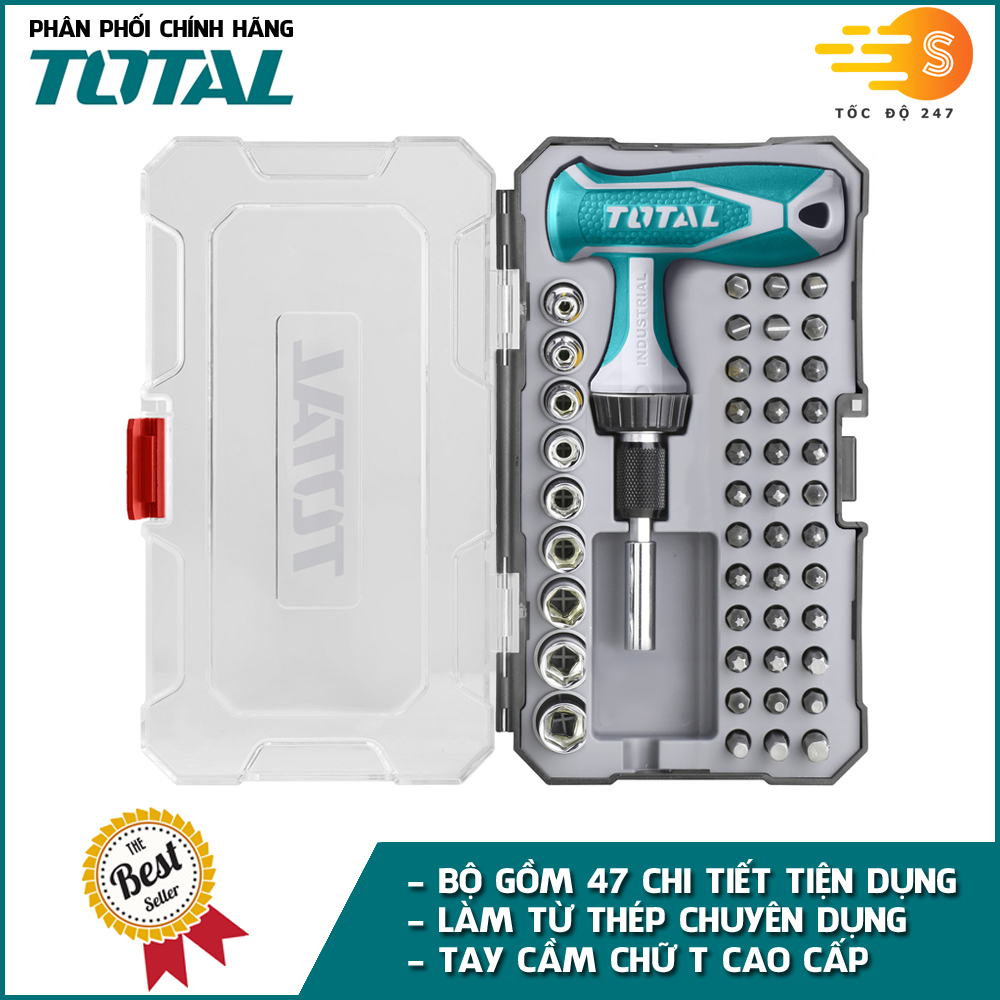 Bộ tua vít vặn tay cầm chữ T 47 chi tiết đa năng TOTAL TACSD30476 - Có hộp đựng, chất liệu thép chuyên dụng CR-V, tay cầm nhựa nhám chắc chắn