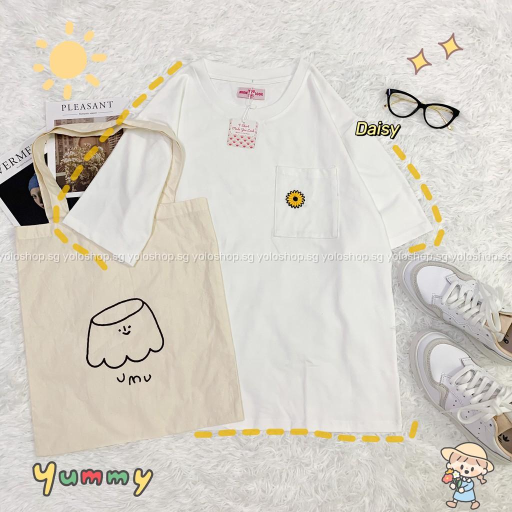 Áo Thun Tay Dài Unisex THÊU CÓ TÚI HOA CÚC Thu Đông