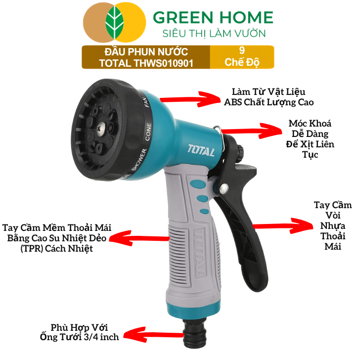Đầu Phun Nước Total THWS010901 GreenHome, 9 Chế Độ Phun Linh Hoạt,Chất Liệu ABS, Tay Cầm Chống Trượt