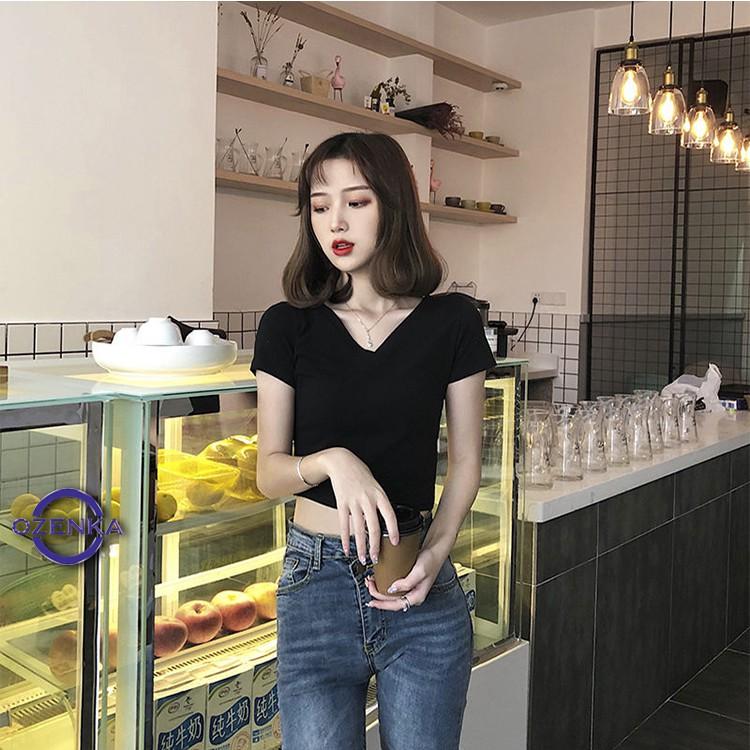 Áo croptop cổ chữ v dáng ôm , áo kiểu crt tay ngắn sexy nữ đen trắng vải thun gân 100% cotton CRTV 258