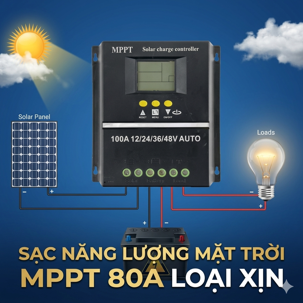 Bộ Điều Khiển Sạc Năng Lượng Mặt Trời MPPT 80A Loại Xịn - Sạc Nhanh, Tự Ngắt, Màn Hình LCD Cực Nét, ĐÈN TRANG TRÍ
