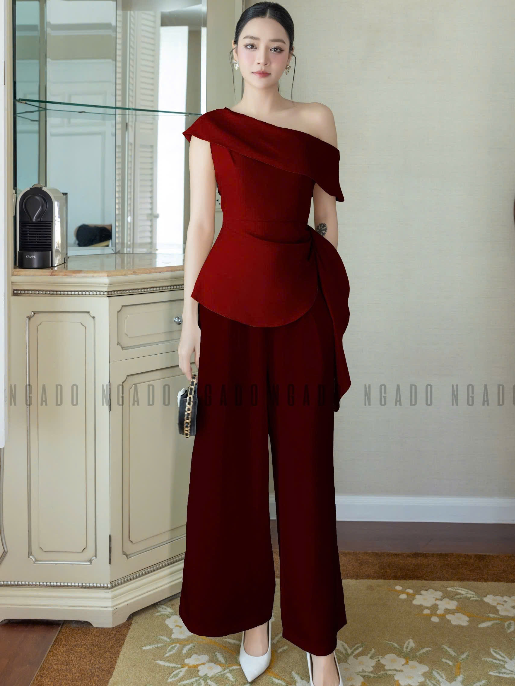 Set áo quần đỏ lệch vai NGADO , set áo quần dài , set bộ Nữ , set công sở , dự tiệc