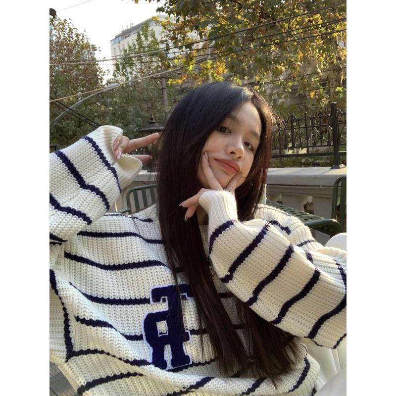 Áo sweater len dệt kim nữ tay dài form dáng rộng họa tiết kẻ sọc ngang oversize thời trang Hàn Quốc chất đẹp D-14