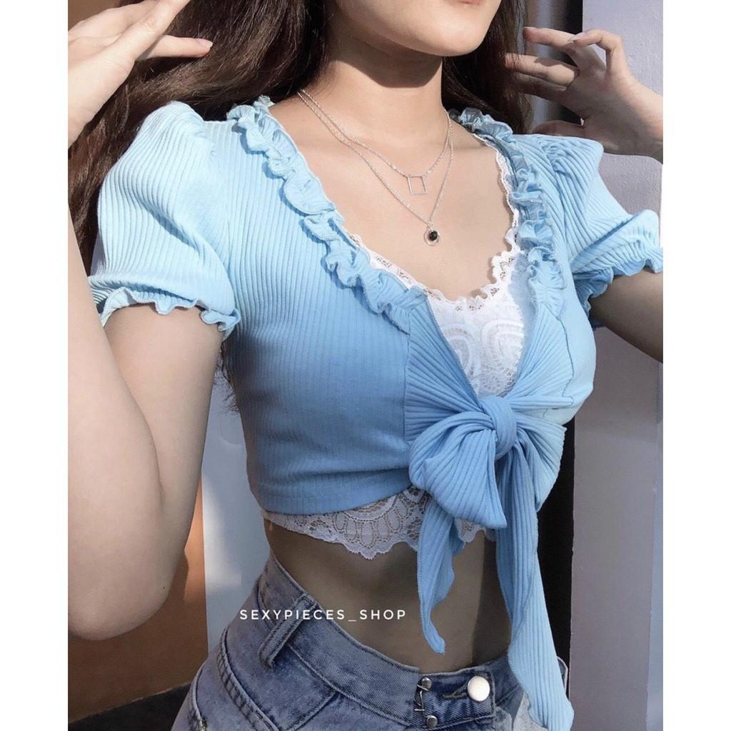 Áo thun gân viền bèo cột nơ ngực siêu xinh hot hit cho bạn gái, tôn dáng, siêu xinh đủ màu, mẫu mới sexy