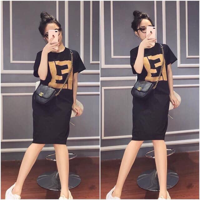 Đầm suông chất cotton co dãn in chữ ff cổ tròn freesize dáng dài