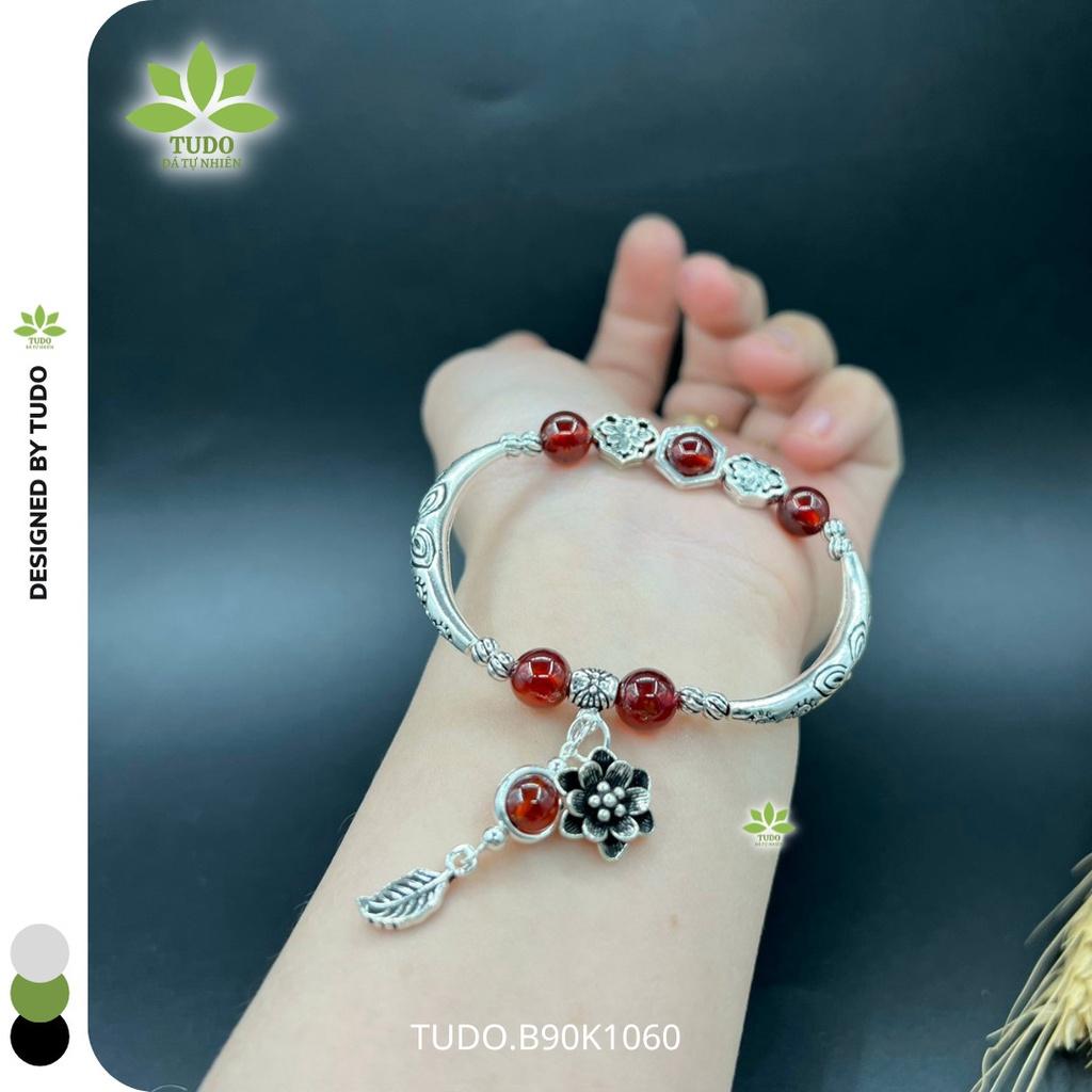 Vòng Tay Nữ Đẹp - Vòng Phong Thủy Mệnh Hỏa Thổ TUDO VCBGARN AG925 B90K1060 Charm Lá, Ống Khắc Hoa