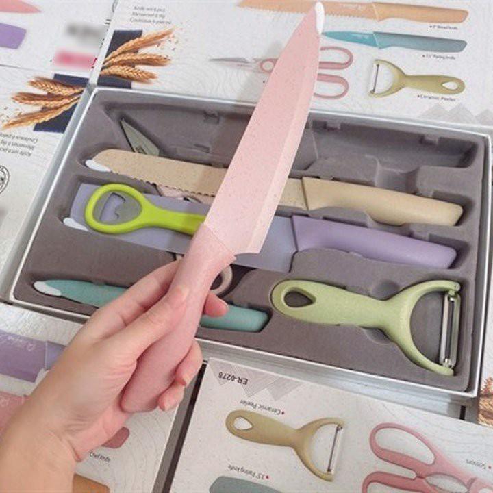 Bộ Dao Bếp Lúa Mạch 6 Món Kháng Khuẩn Nhiều Màu Sắc, Siêu Sắc Bén