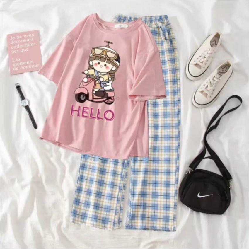 Sét Áo Và Quần, SS06 Sét Đồ Nữ Đi Chơi Đẹp In Hình Cô Gái Lái Xe Dễ Thương, Sét Áo Vải Cotton,Và Quần Kẻ Cá Tính