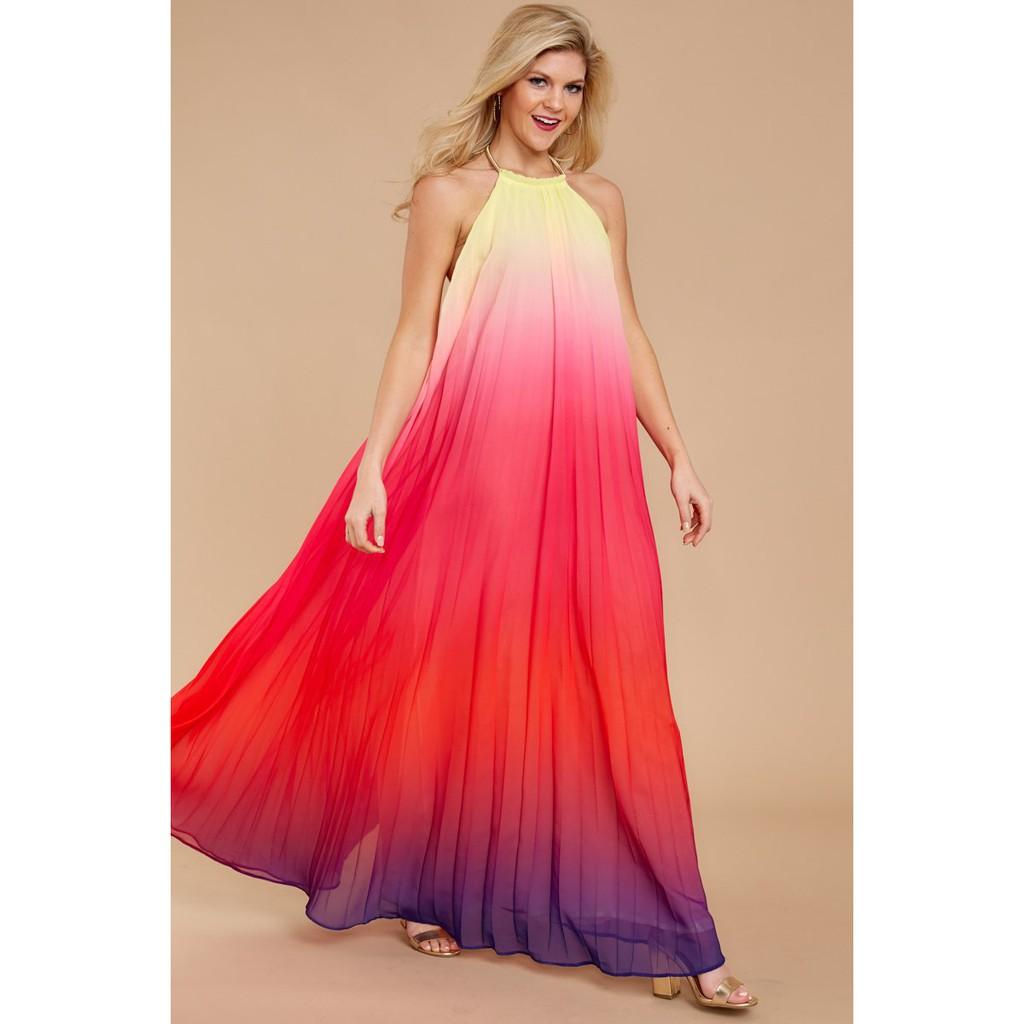 ĐẦM MAXI CỔ YẾM DẬP LY CẦU VỒNG SIÊU HOT