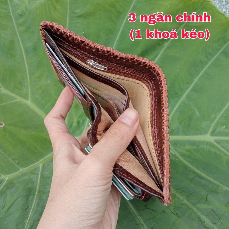 Ví Nam Đứng Da Bò Viền Khâu Tay Đẹp THC, KT cm
