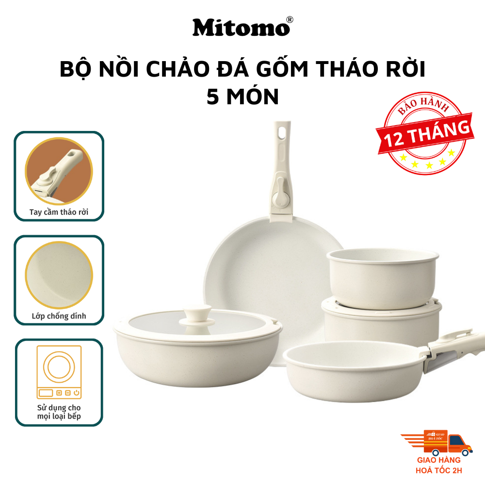 Bộ nồi chảo đá gốm Mitomo chống dính cao cấp 5 món có tay cầm tháo rời, dùng cho mọi loại bếp - Hàng chính hãng