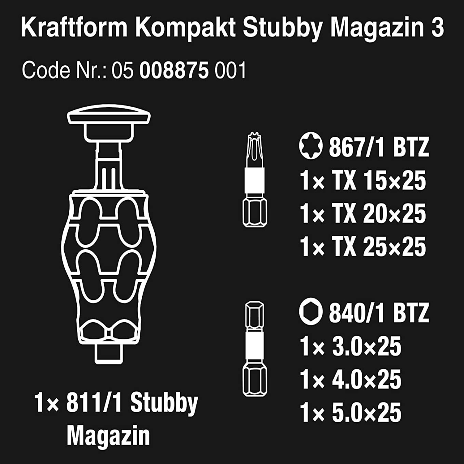 Dụng cụ mở vít Wera 05008875001 Kraftform Kompakt Stubby magazine 3 gồm 6 cái, hoa thị và lục giác