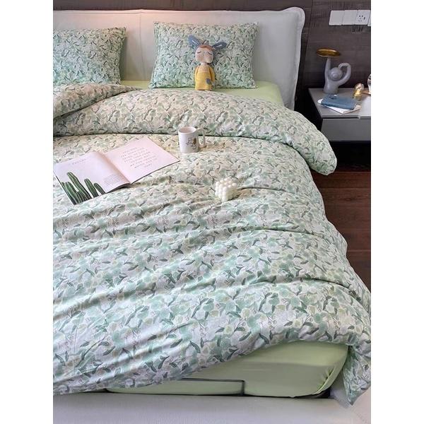 Bộ Chăn Ga gối Cotton Living 100%cotton Hàng Nhập Khẩu Cao Cấp 4 Món Mẫu Xanh Lá