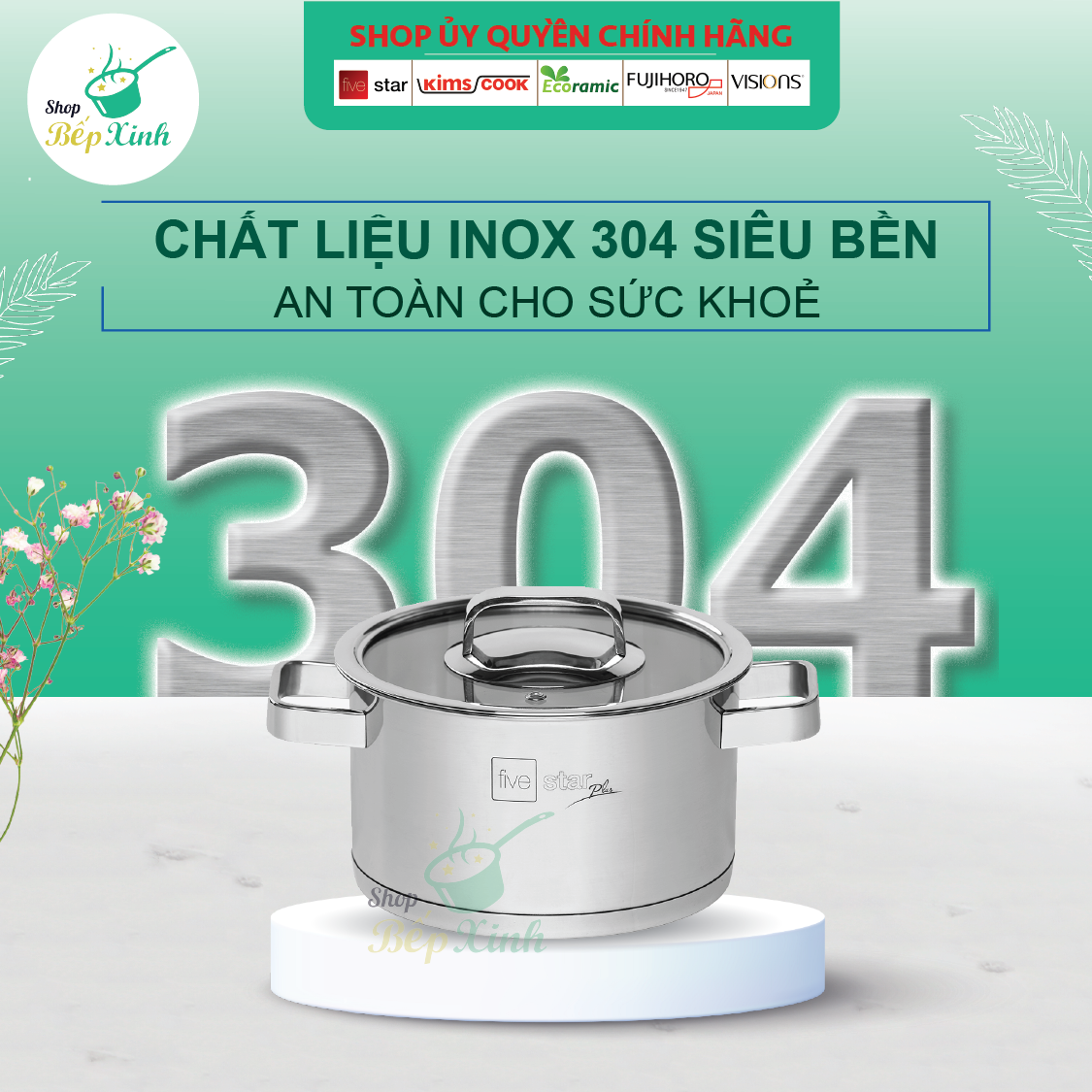 Bộ nồi inox đáy từ cao cấp FiveStar Plus FS08CG-304 nắp kính 4 chiếc,inox 304 , tặng 1 vá canh