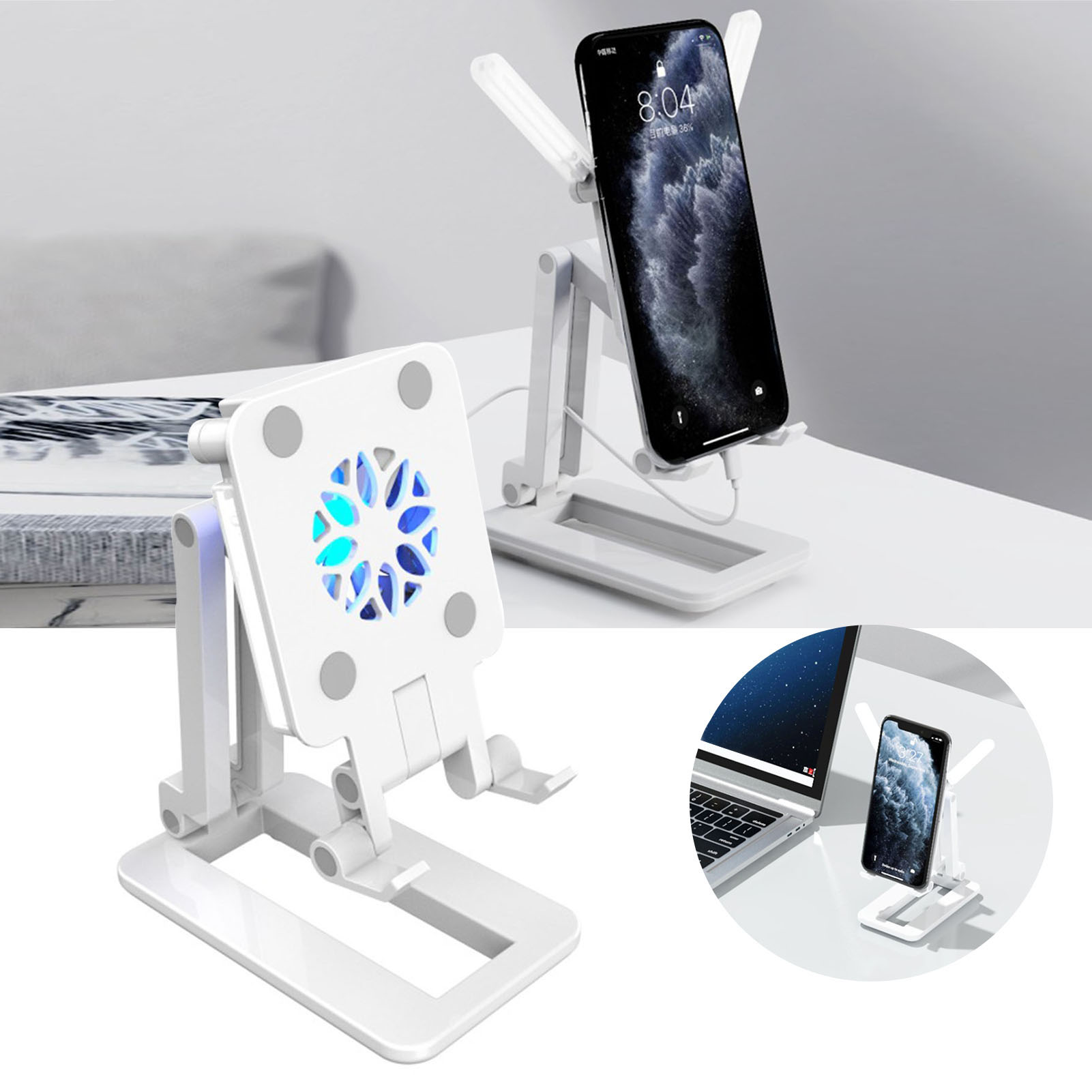 Fashion And Cool Multi-Function Adjustable Desktop Phone Holder With Fill Lamp Cooling Fan For 11inch Phone Tablet