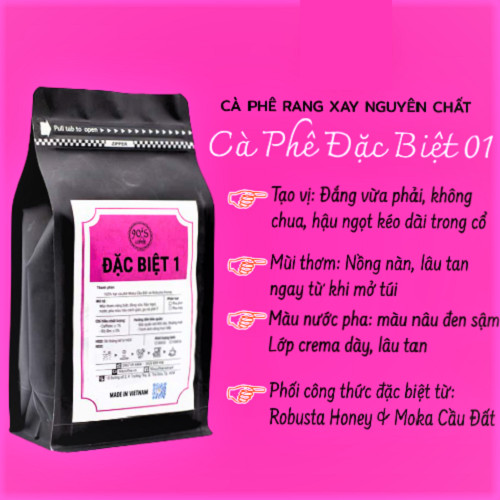 Cà Phê Rang Xay Nguyên Chất - 90S Coffee Vietnam | Đặc Biệt 01 | Công Thức Phối: Moka Cầu Đất + Robusta Honey | 100% Cà Phê Sạch | Cafe Pha Máy - Đắng Vừa - Hậu Ngọt