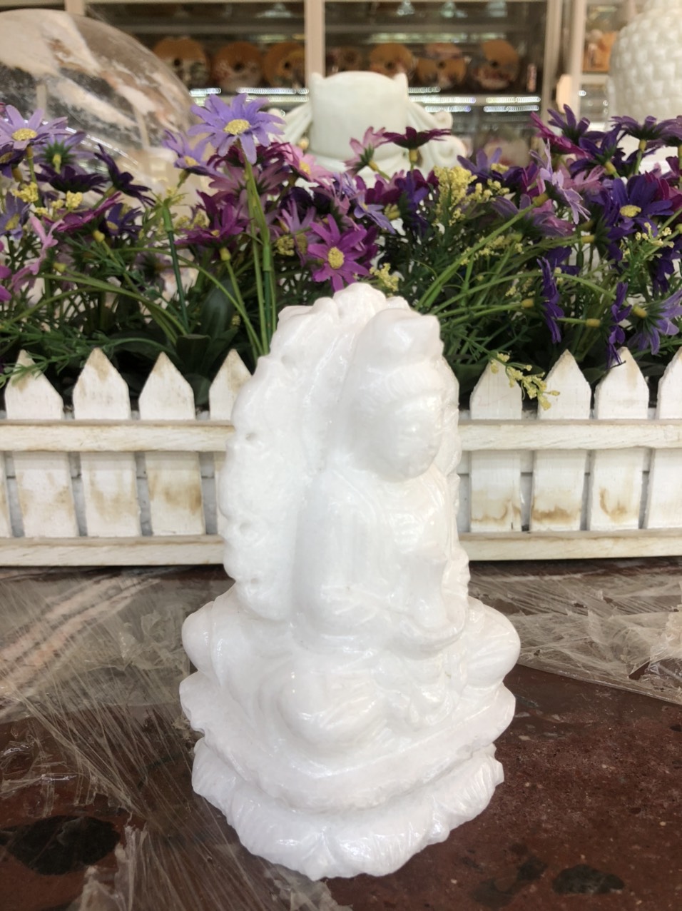 Tượng Phật Bà Quan Âm 2 mặt ngồi đài sen có hào quang đá trắng - Cao 12 cm và 15 cm