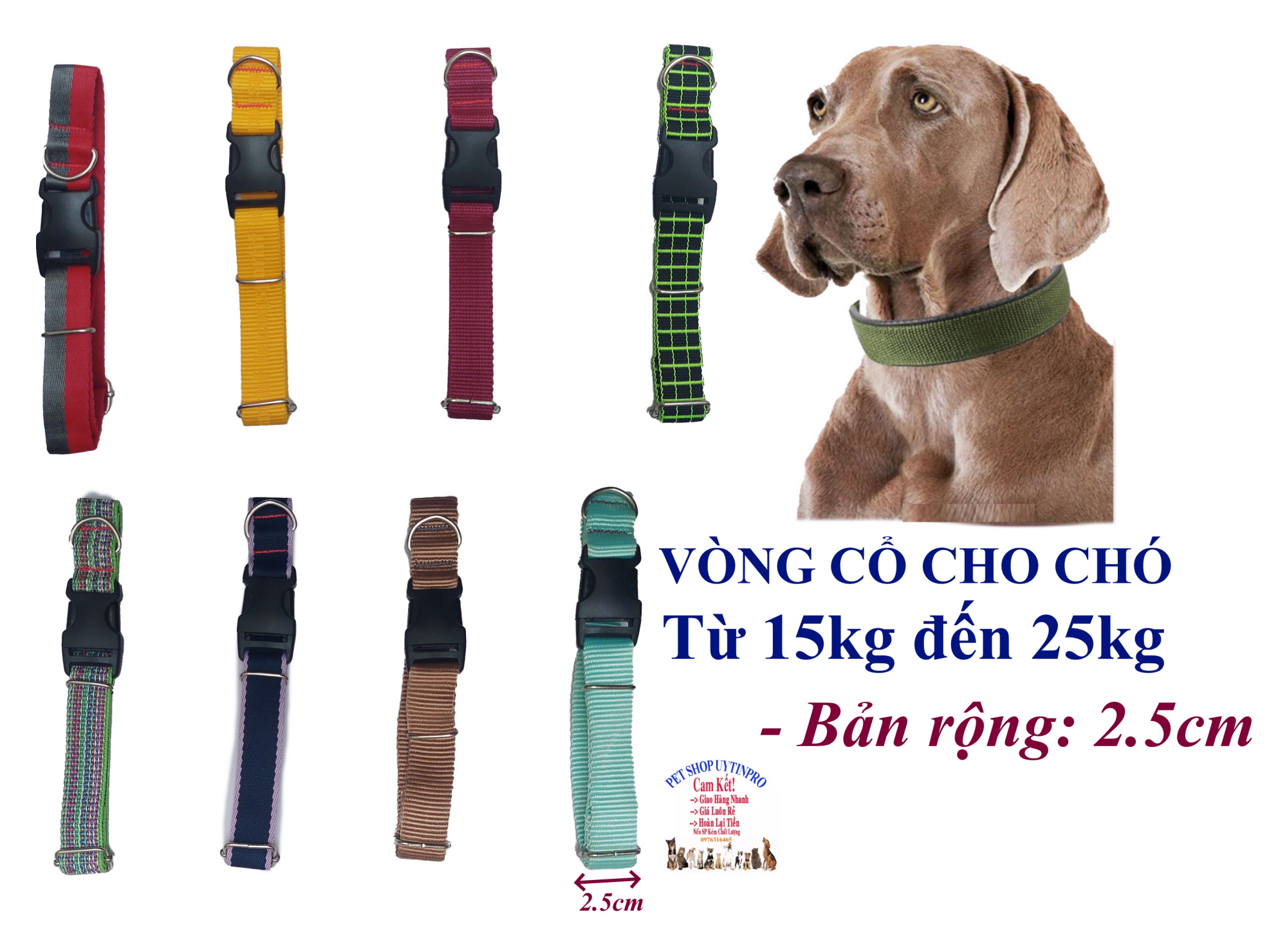 Vòng cổ cho Chó từ 15kg đến 25kg Bản rộng 2.5cm Chất liệu dù cao cấp, Dày, Chắc chắn, An toàn cho thú cưng, SX tại VN