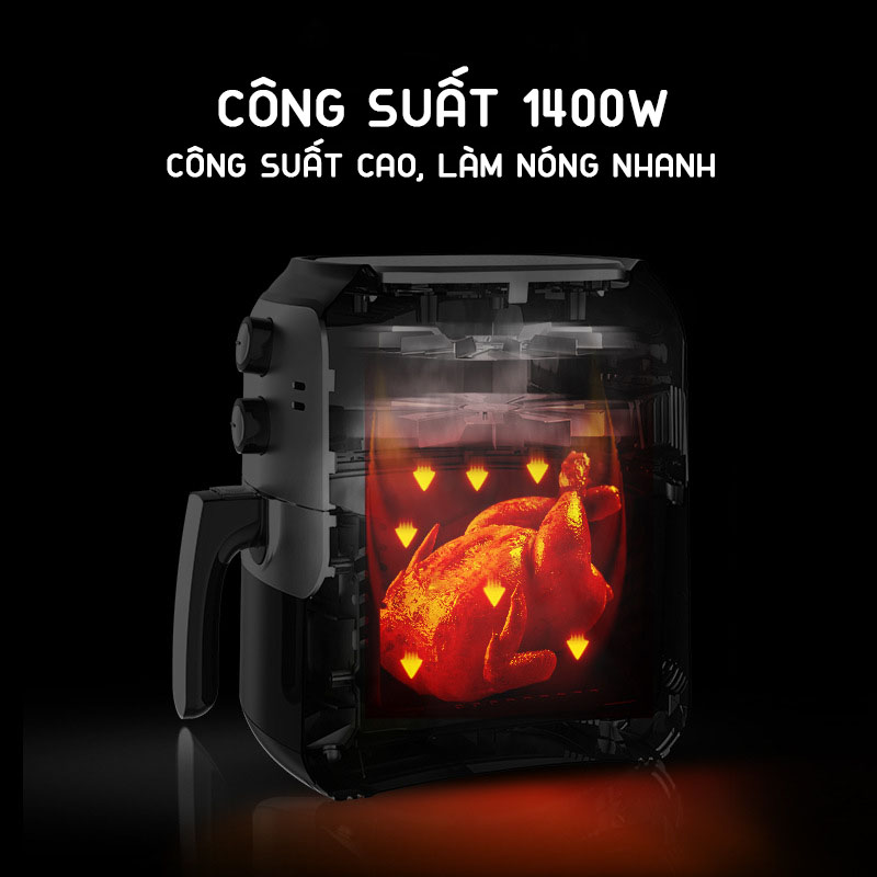 Nồi chiên không dầu loại to 6L Công Suất 1400W khả năng chống dính, chống trầy xước và chống oxy hóa