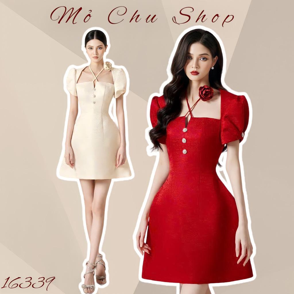 Đầm xòe tafta vân đá chéo dây
